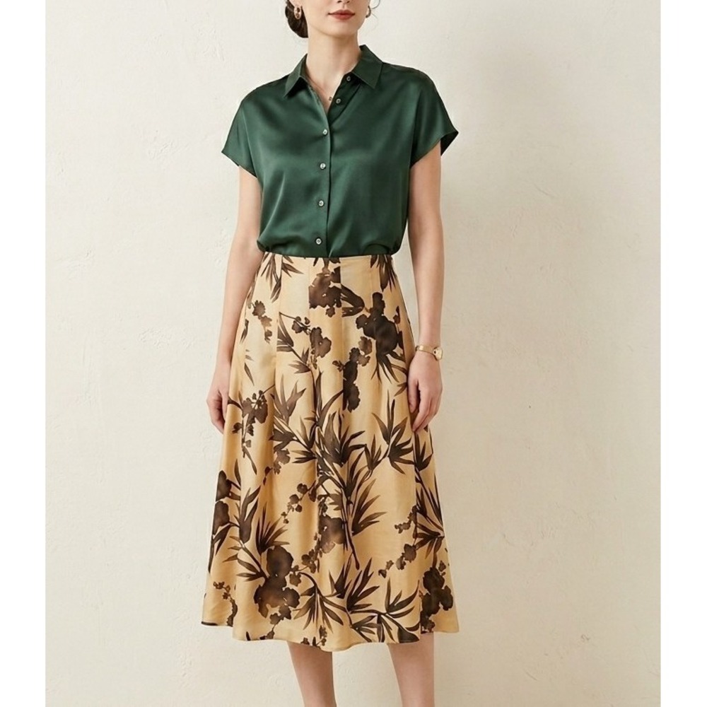 Talbots 4 Silk Blend Pleated Skirt Brown Gold Botanical Print Lined Classic